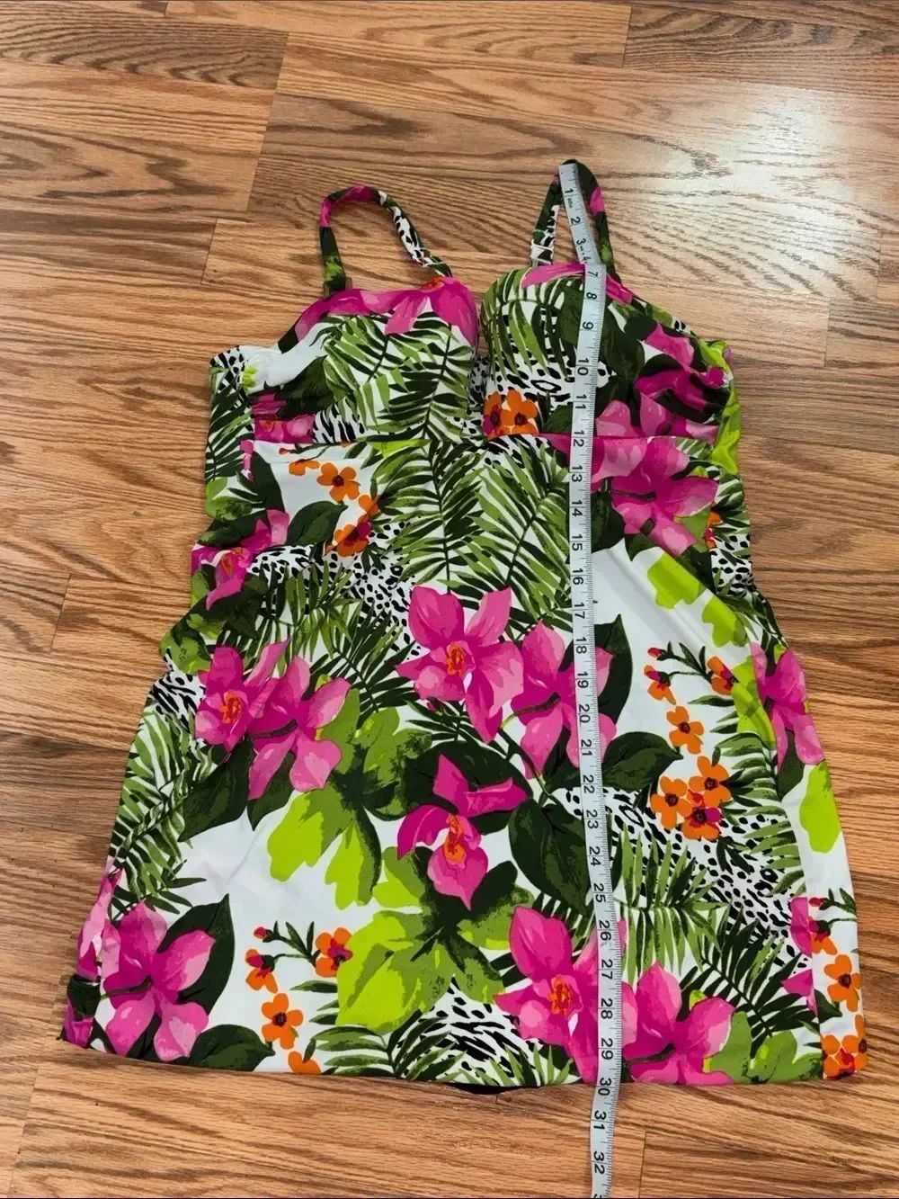 Cacique Women’s Pink and Green Floral Swimsuit, Swim Dress, 20